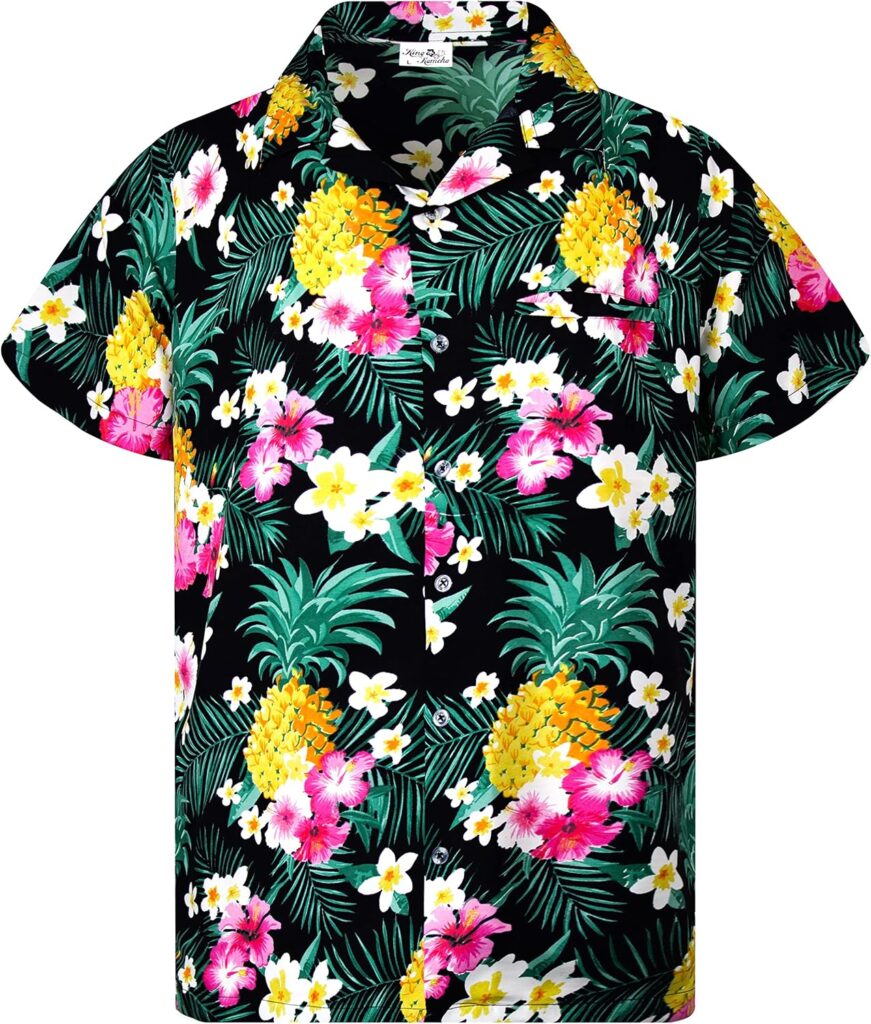 Camisa hawaiana negra con flores y piñas